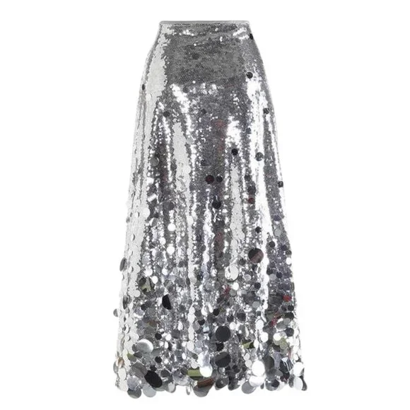 Women Midi Skirt Full Sequin Silver Size 2XL Tall Lined Decorated Mid Rise - Picture 8 of 14